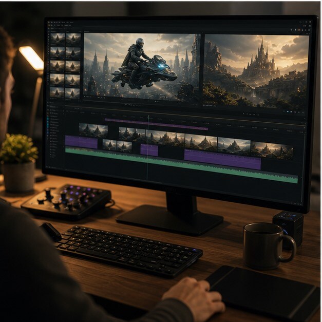 Set di strumenti AI video e timeline di montaggio su desktop creativo