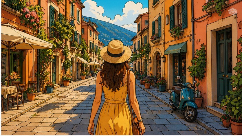 Persona che cammina in una strada europea trasformata in versione cartoon