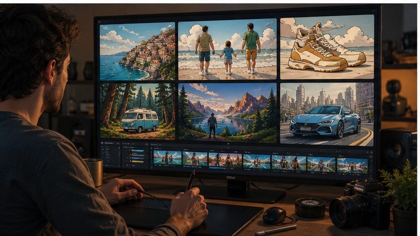 Monitor con piu versioni cartoon dello stesso video di viaggio o famiglia