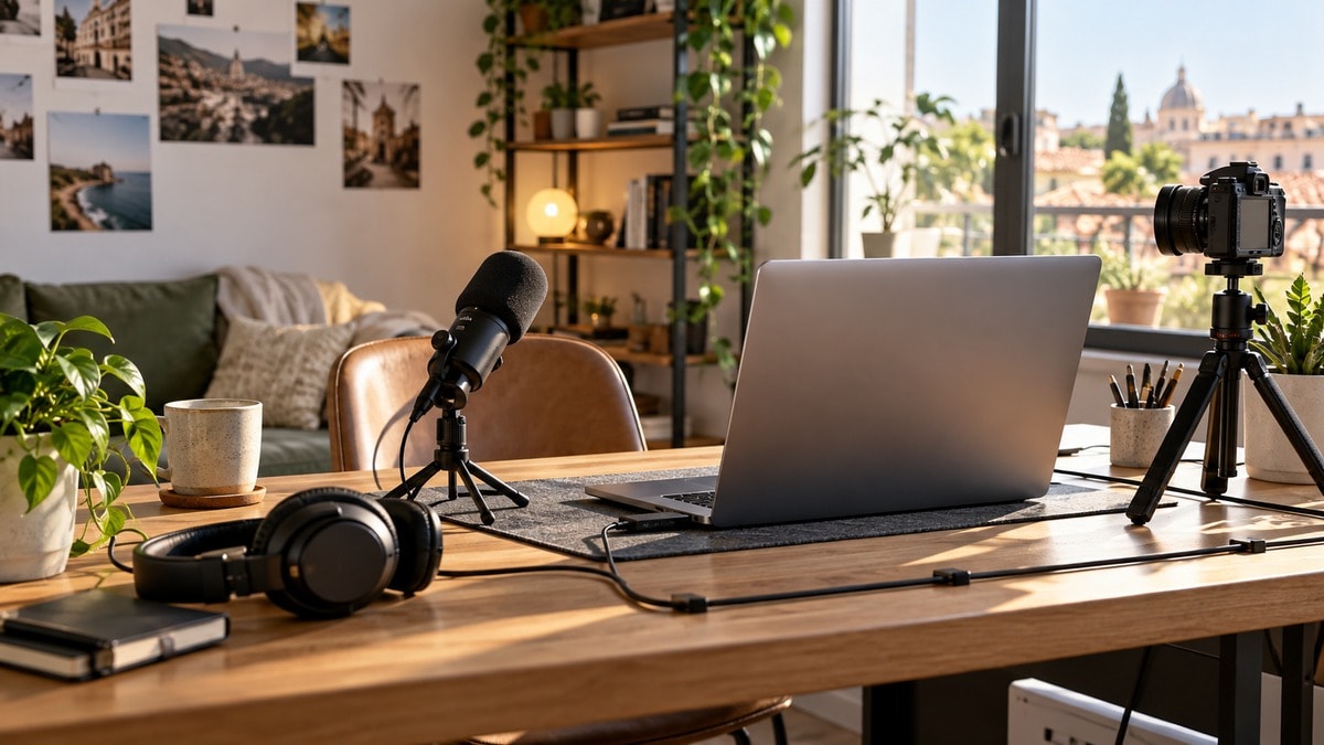 Postazione video essenziale con accessori ordinati