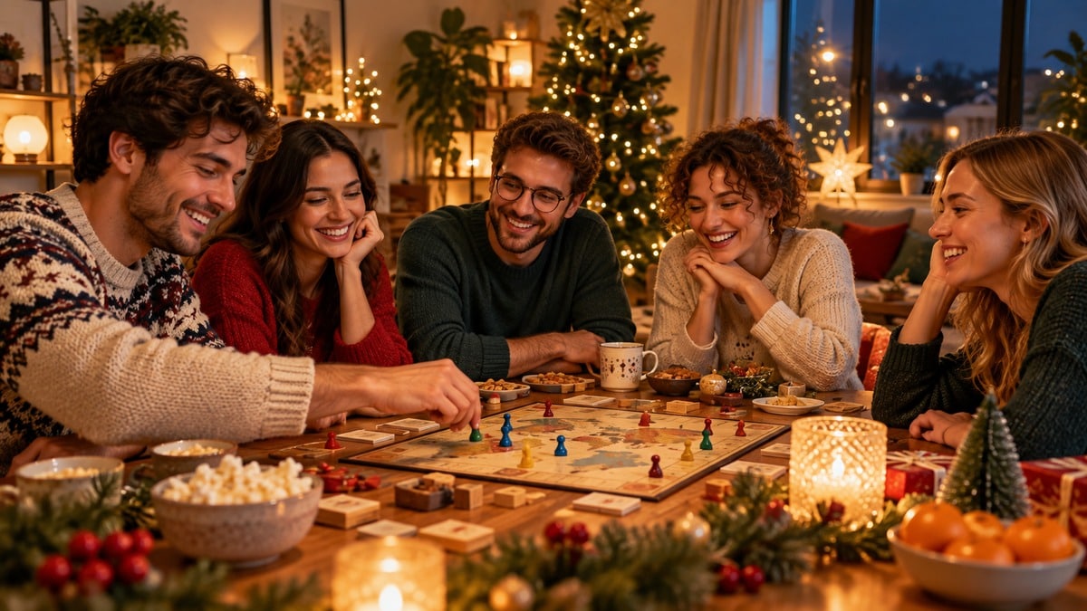 Amici adulti riuniti in casa per una serata di giochi di Capodanno