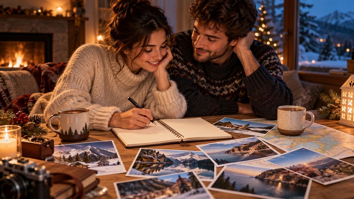 Coppia che pianifica il Capodanno con quaderno e fotografie