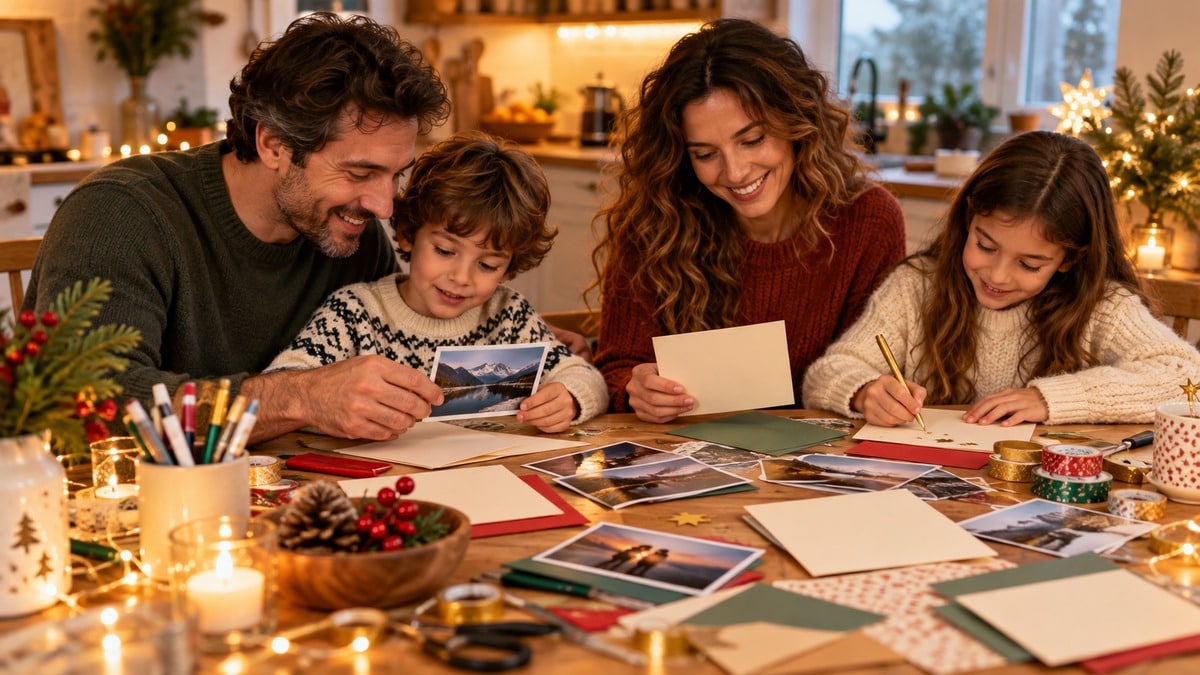Famiglia prepara attività creative e fotografie per la serata