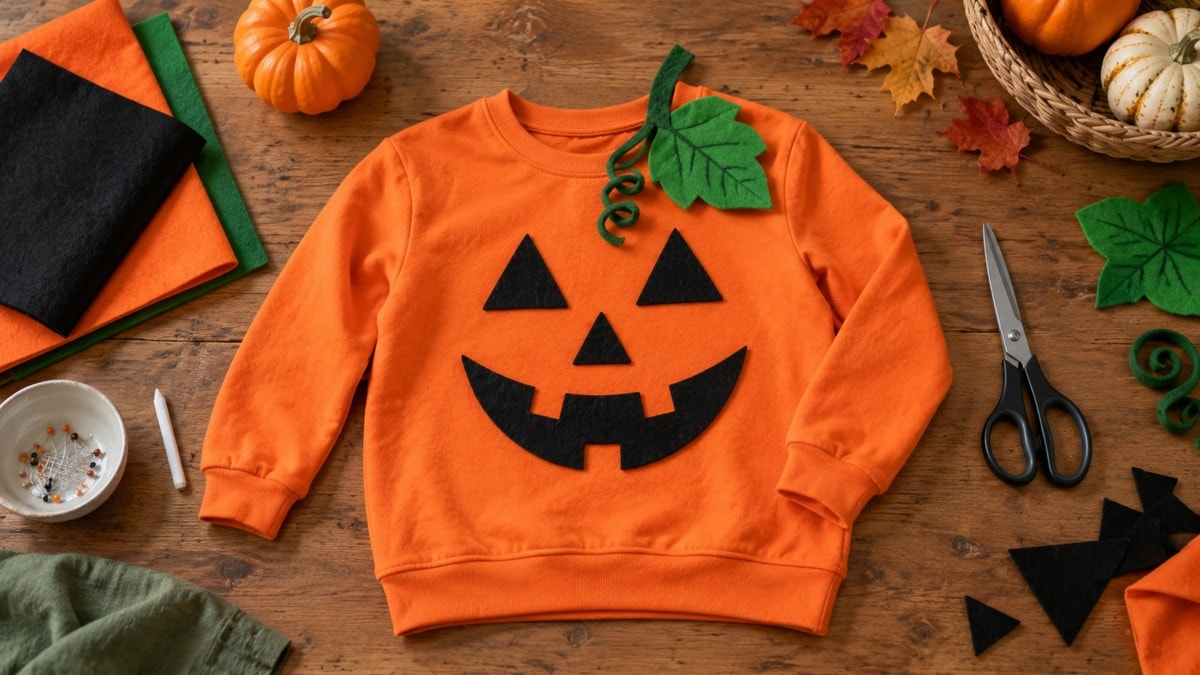 Felpa arancione e forme di feltro per un costume da zucca fai da te