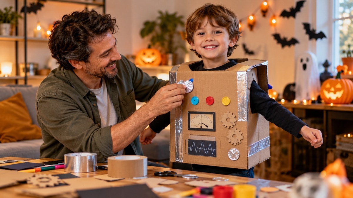 Adulto e bambino preparano un gilet di cartone per un costume da robot