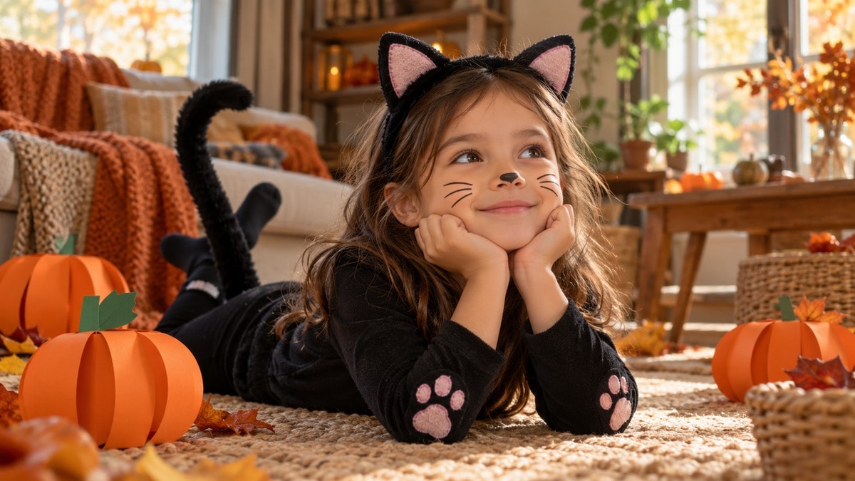 Costume da gatto nero con abiti comodi e orecchie morbide