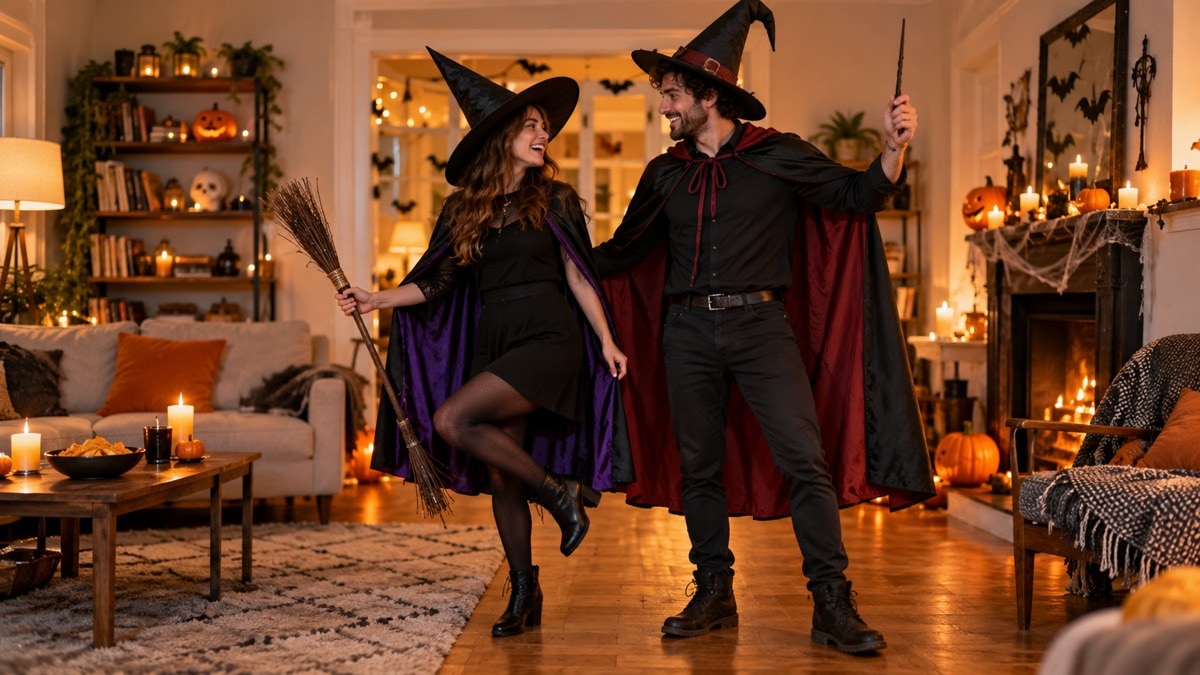 Due adulti con costumi coordinati da strega e mago realizzati con abiti semplici