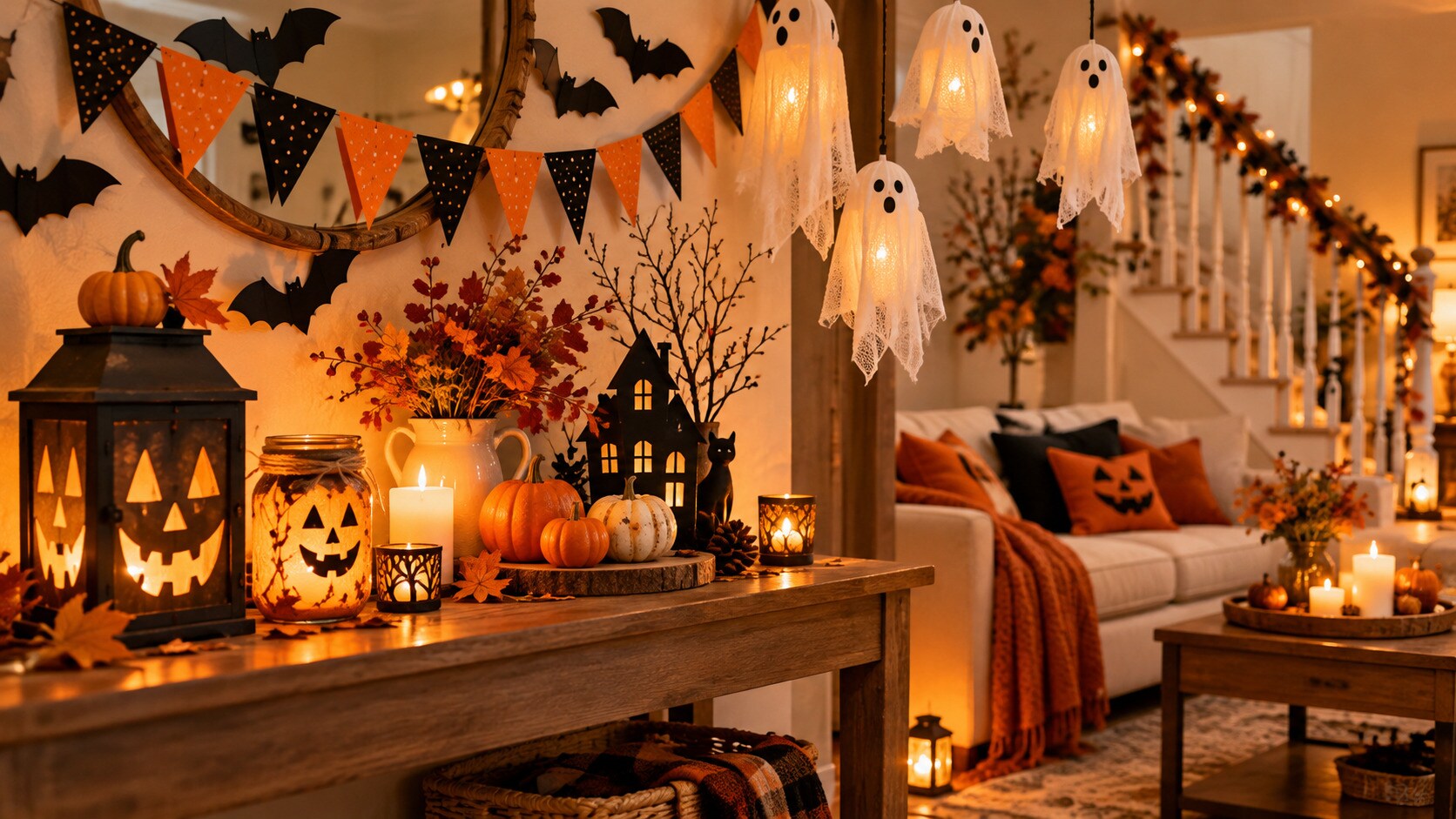 Salotto decorato per Halloween con materiali fai da te e angolo foto