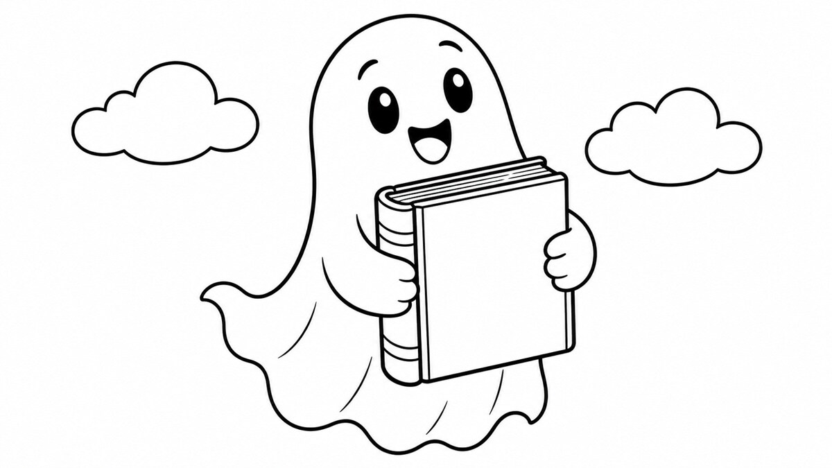 Scheda da colorare con un fantasmino gentile e un libro