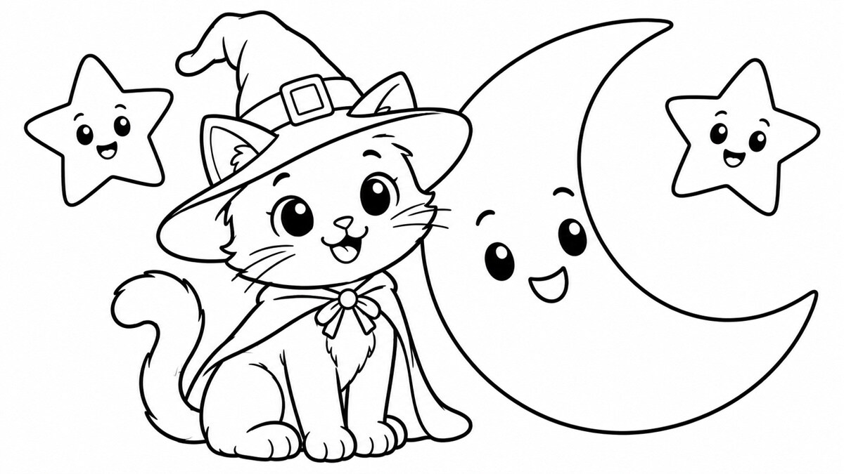 Scheda da colorare con gatto, luna e grandi stelle