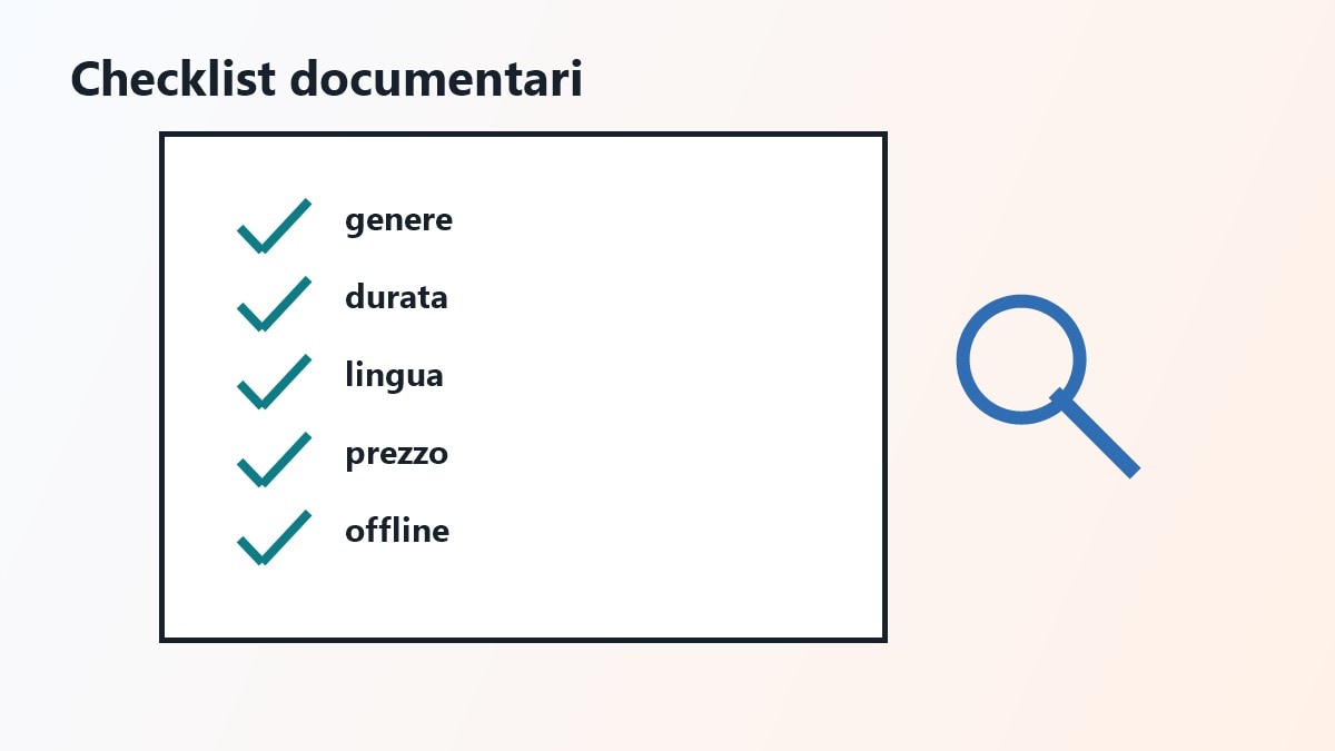 Tablet con checklist per scegliere documentari online