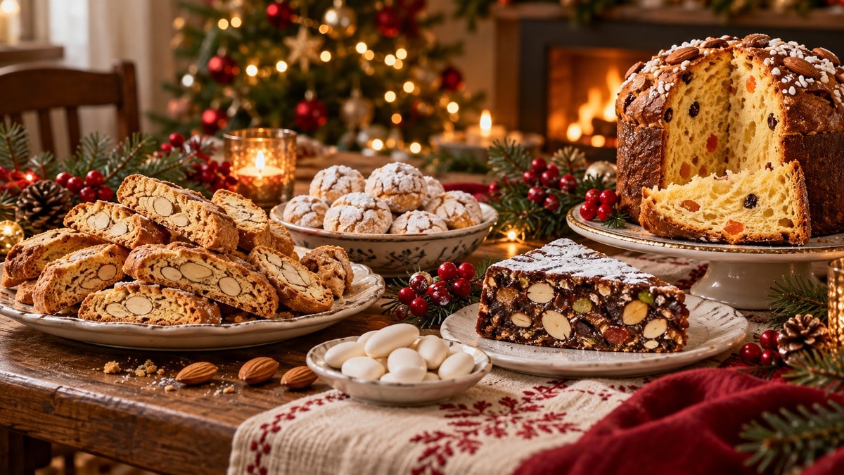 Assortimento illustrativo di biscotti alle mandorle, panforte e dolce natalizio a fette