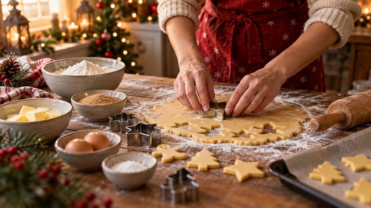 Mani che modellano un impasto di biscotti su una superficie infarinata