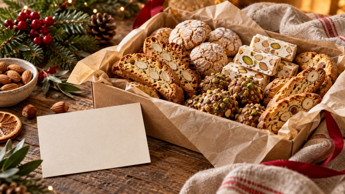 Scatola regalo con biscotti italiani e piccoli dolci alla frutta secca
