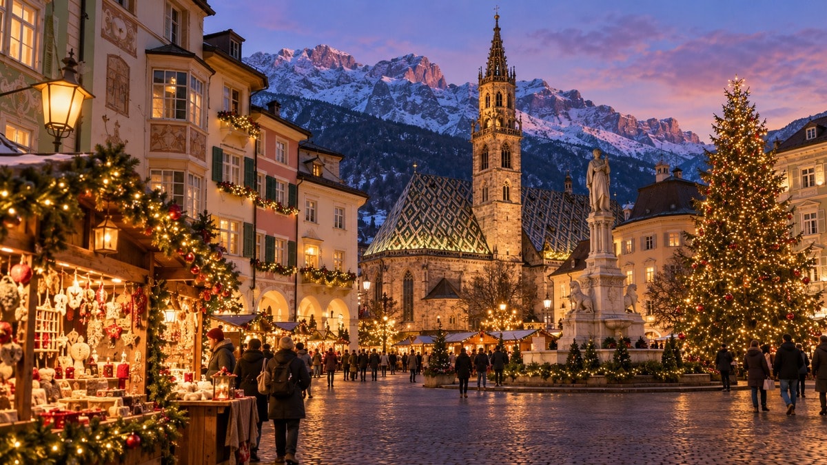 Interpretazione illustrativa di Bolzano con architettura altoatesina e luci invernali