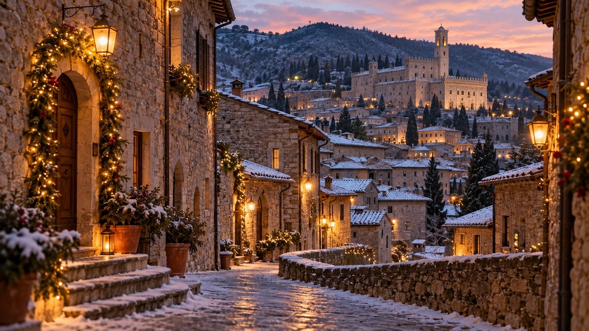 Interpretazione di una strada medievale di Gubbio in inverno
