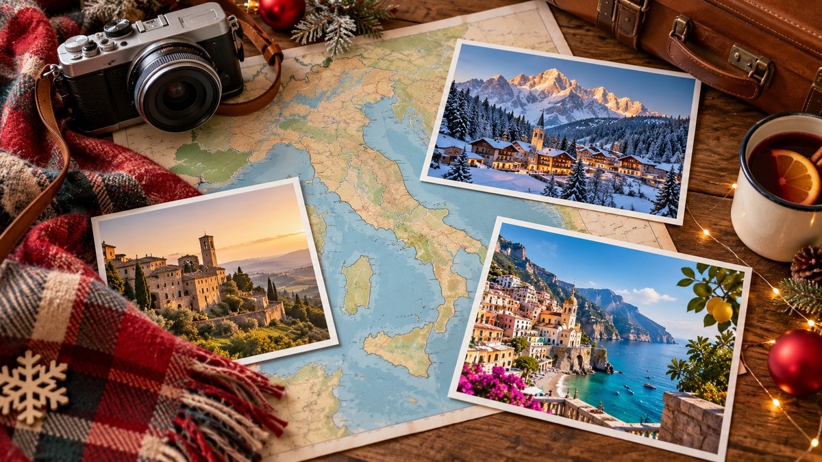 Mappa senza scritte e fotografie illustrative per pianificare un viaggio natalizio