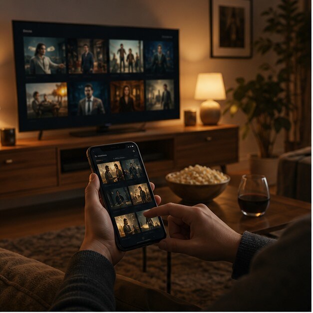Smart TV e smartphone con opzioni di noleggio film online in un salotto moderno