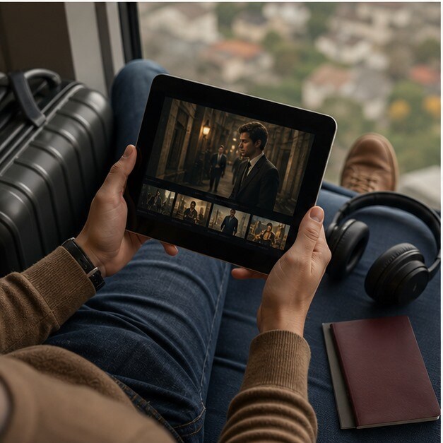 Tablet con film noleggiato pronto per la visione in viaggio accanto a valigia e cuffie