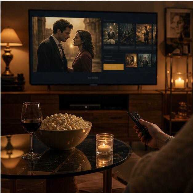 Serata home cinema con store digitale aperto e decisione su quale film noleggiare