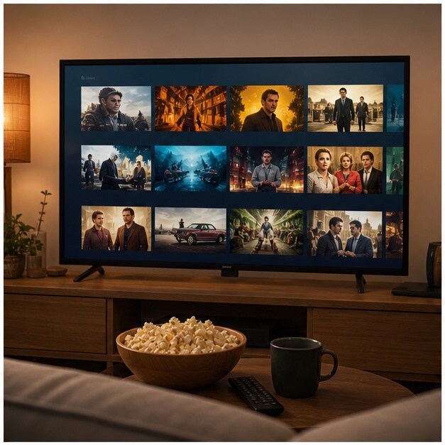 Schermo TV con app YouTube aperta e scelta di film completi da fonti ufficiali