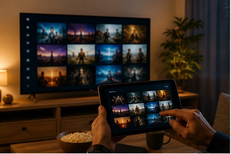 Salotto con smart TV e diverse app di streaming gratuito aperte su piu dispositivi
