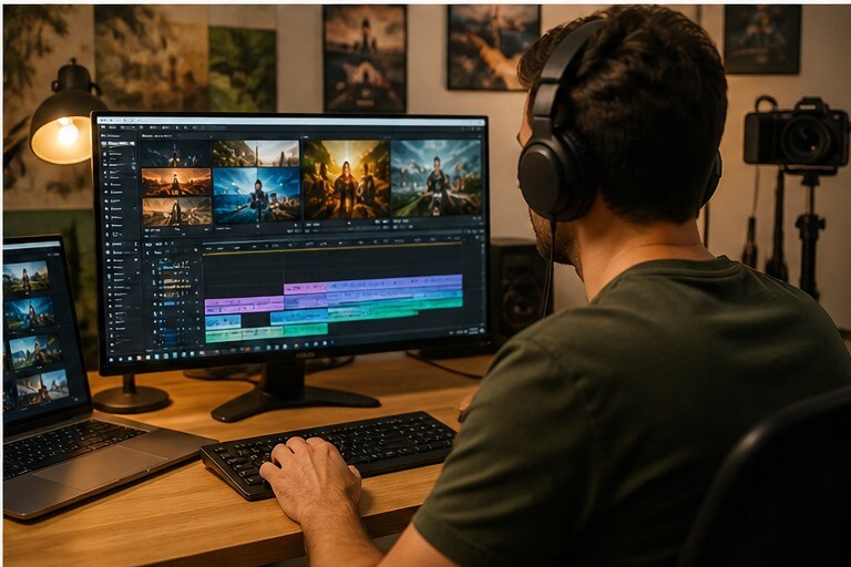 Creator che monta un video comparativo tra siti per vedere film gratis legalmente online