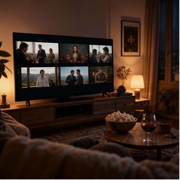 Salotto con smart TV che sfoglia una selezione di film italiani in streaming