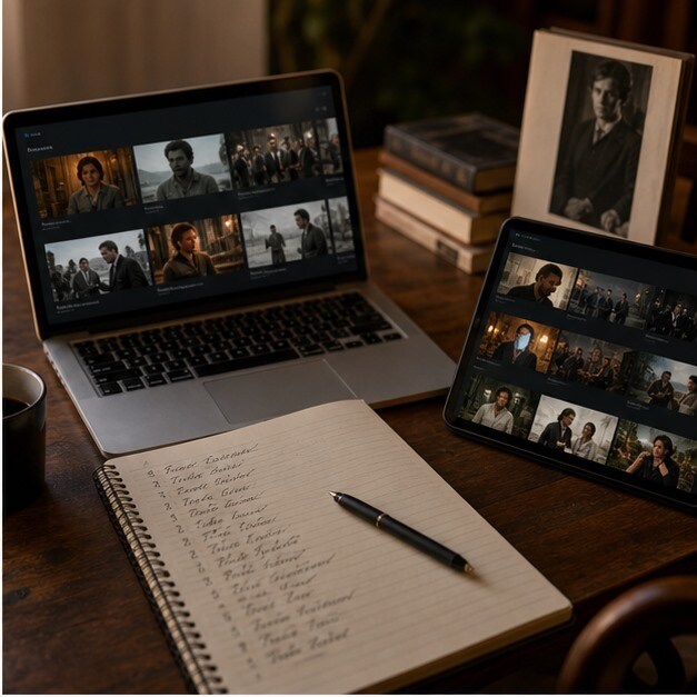 Laptop e tablet con watchlist di film italiani e app di streaming aperte