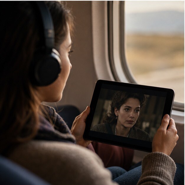 Persona che guarda un film italiano su tablet con cuffie e luci soffuse