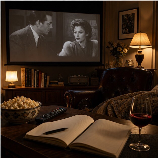 Angolo home cinema con taccuino, telecomando e serata dedicata ai film italiani