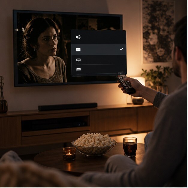Persona che seleziona lingua audio e sottotitoli su smart TV durante la visione di un film