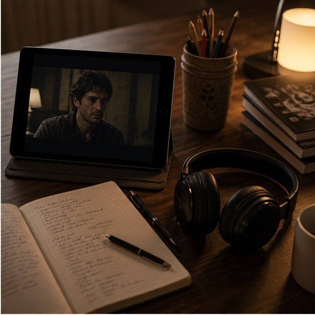 Tablet con film in versione originale e cuffie accanto a un quaderno di studio