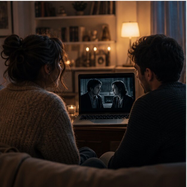 Coppia che guarda un film internazionale su laptop con ambiente serale domestico