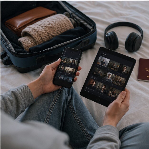 Viaggiatore che prepara film offline su smartphone prima di partire