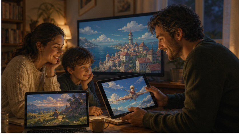 Famiglia che sceglie un film di animazione da smart TV, tablet e laptop