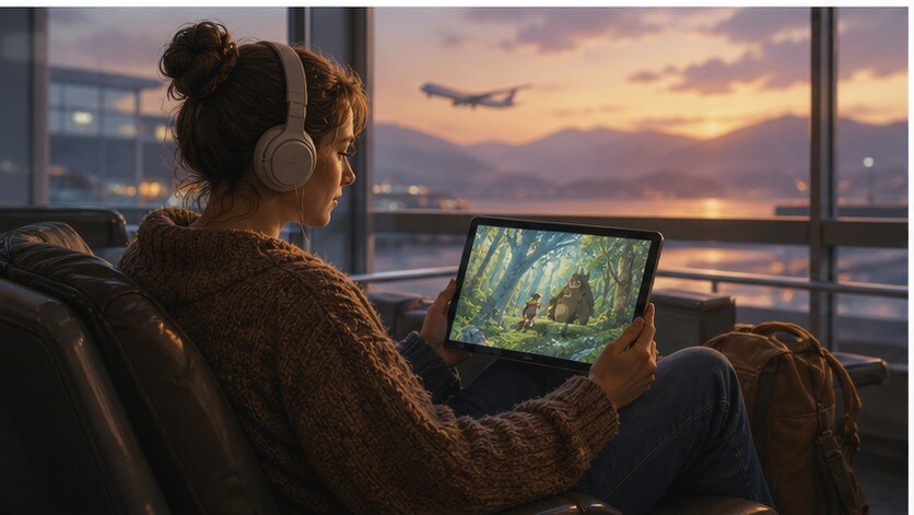 Tablet con film di animazione fantasy e cuffie per visione in viaggio