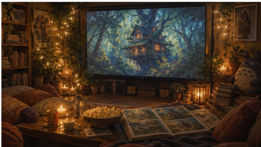 Serata maratona di film di animazione fantasy in un angolo home cinema