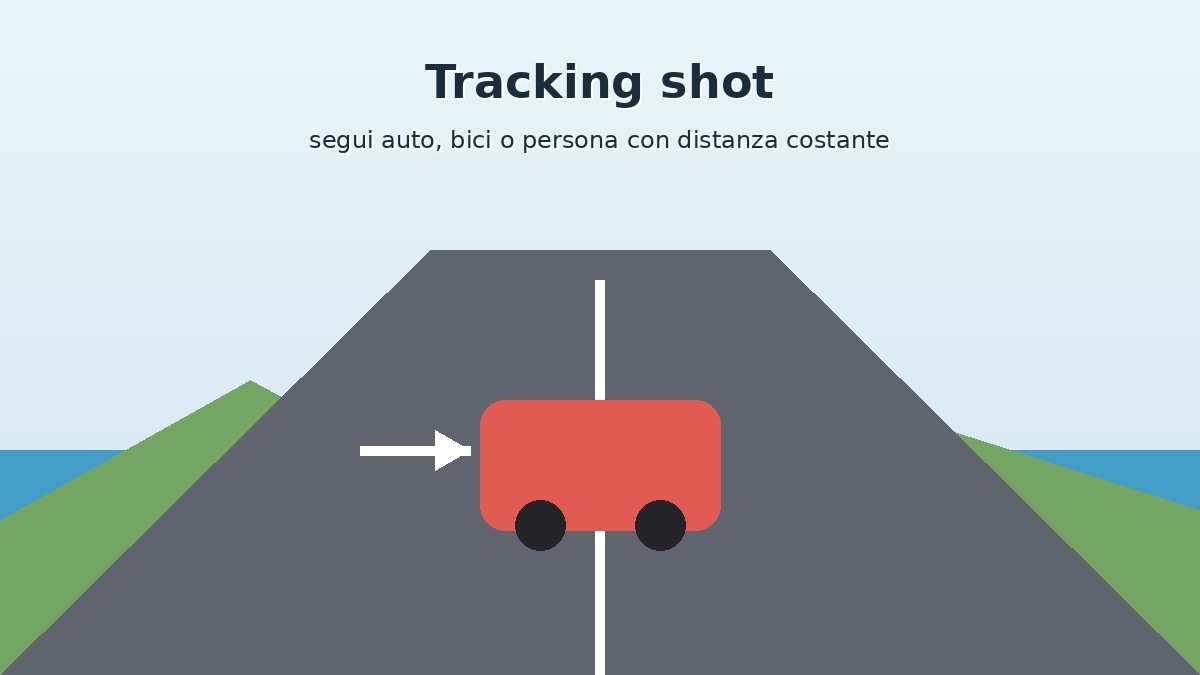 Schema illustrato di un tracking shot con drone che segue un'auto