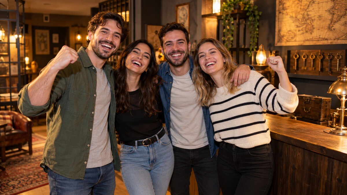 Squadra di amici in una reception illustrativa dopo il gioco