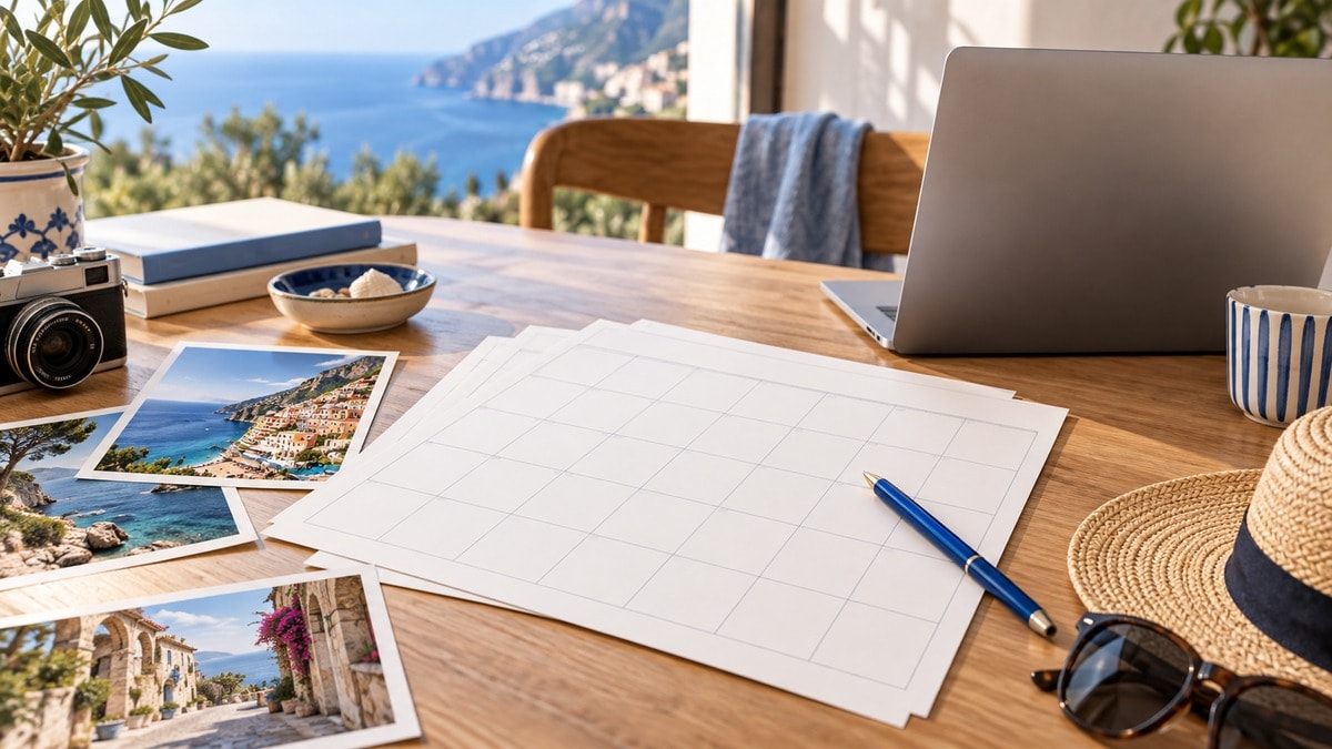 Scrivania per pianificare ferie con calendario senza date e fotografie di viaggio