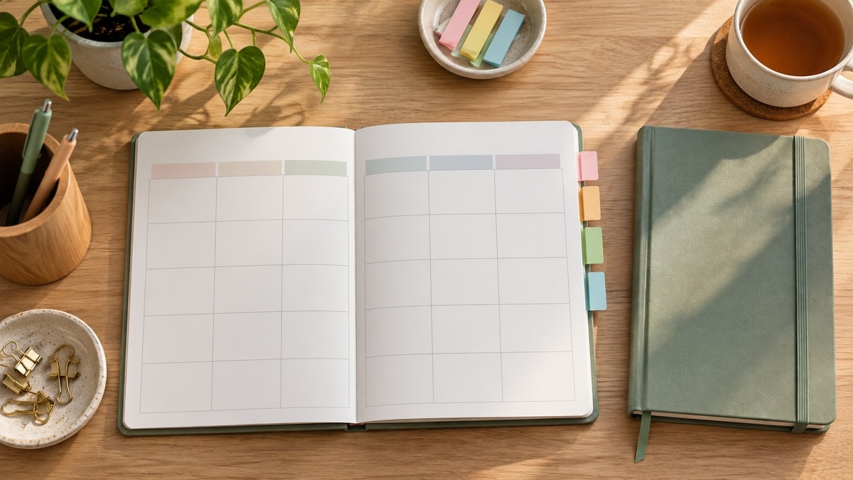 Planner mensile senza scritte con linguette colorate e quaderno chiuso