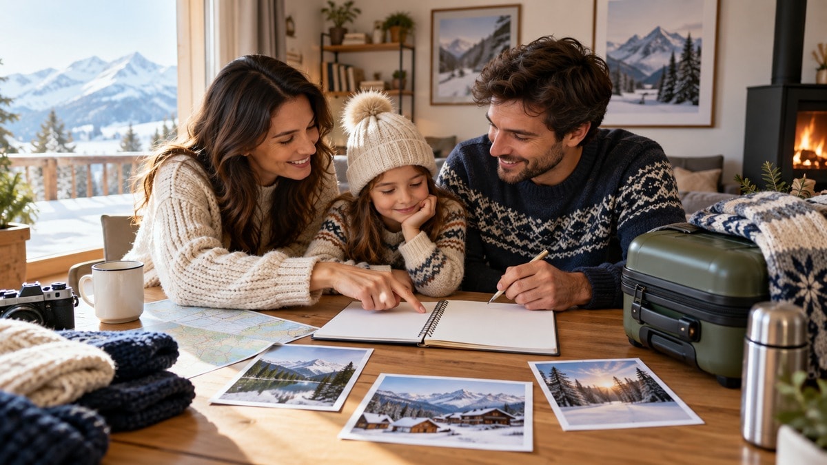 Famiglia organizza una breve vacanza con valigia e planner senza date