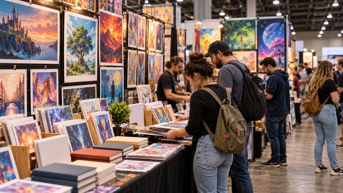 Corridoio illustrativo di una fiera del fumetto con libri senza marchi