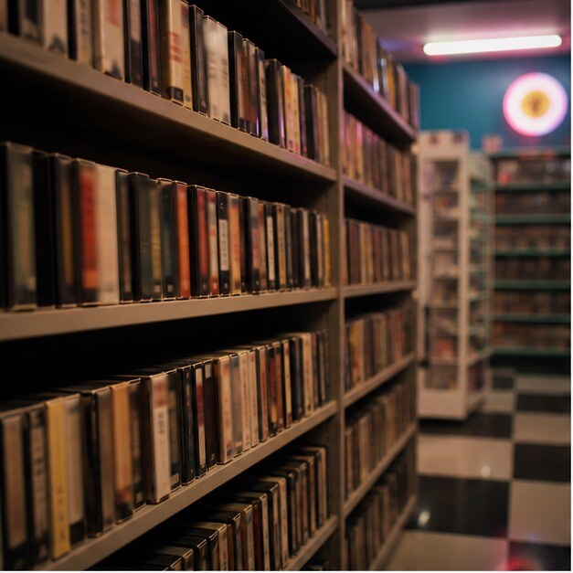Scaffale con VHS, luci neon e atmosfera da videoteca anni Novanta