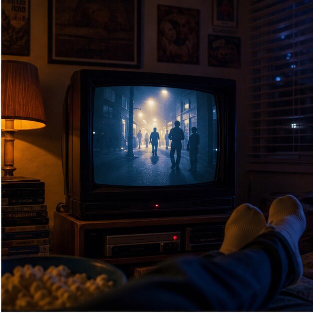 CRT TV in una stanza serale con mood retro e cinema asiatico da recupero