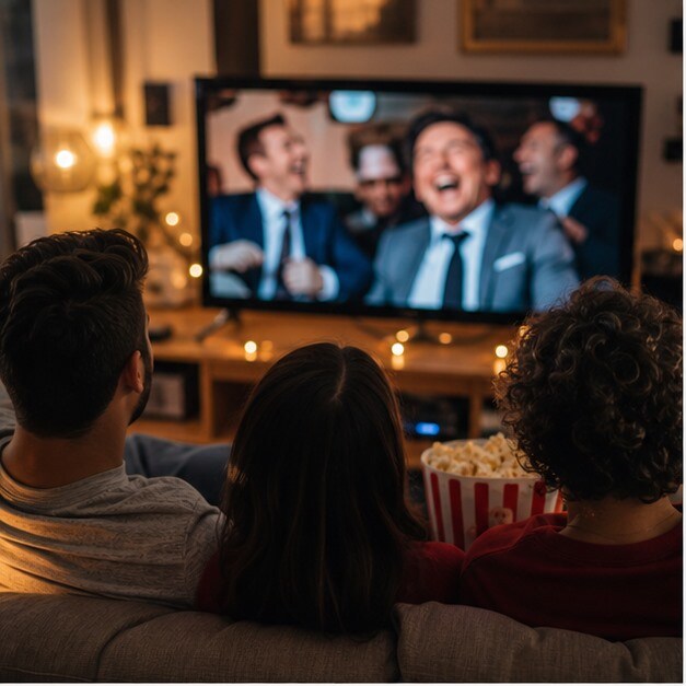 Gruppo di amici che ride davanti a una smart TV durante una serata cinema in casa
