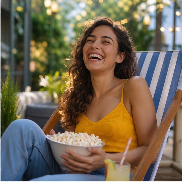 Tavolino estivo con telecomando, popcorn e atmosfera da commedia vacanziera