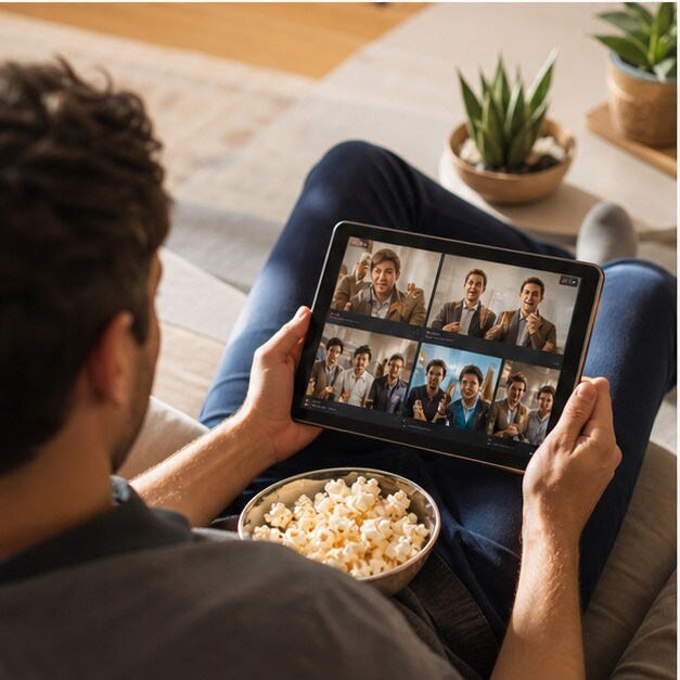 Soggiorno moderno con laptop aperto su una watchlist di film comici e luce calda serale