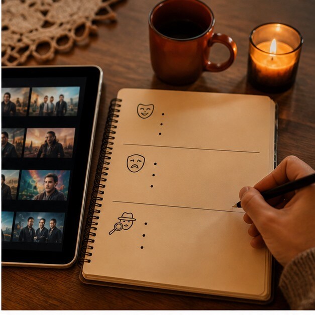 Watchlist di film italiani su tablet e taccuino con generi diversi